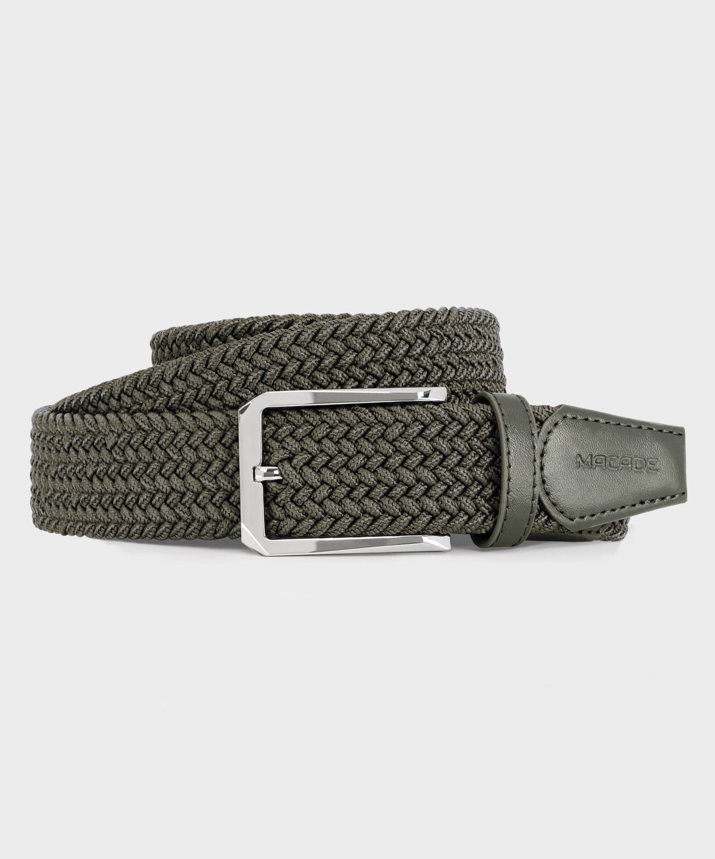 Jade green Macade Golf Elastic Belt with a braided stretch design, polished stainless steel buckle, and refined leather accents for a flexible, modern fit.