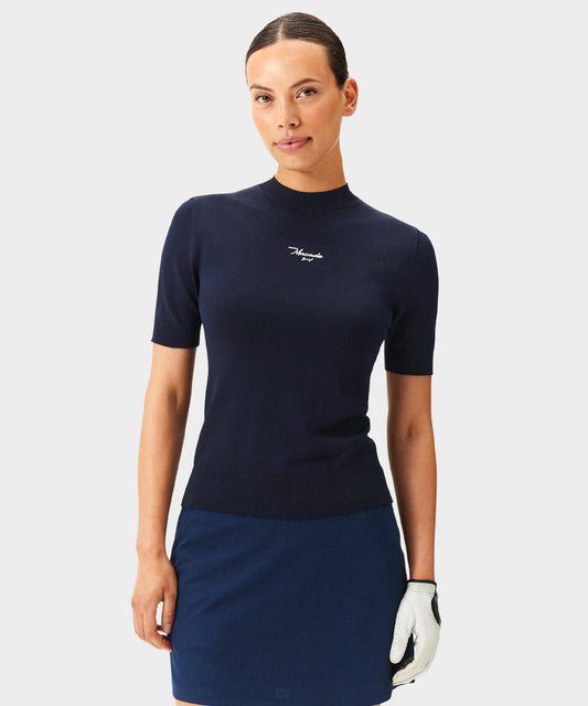 Navy Script Mock Neck Top