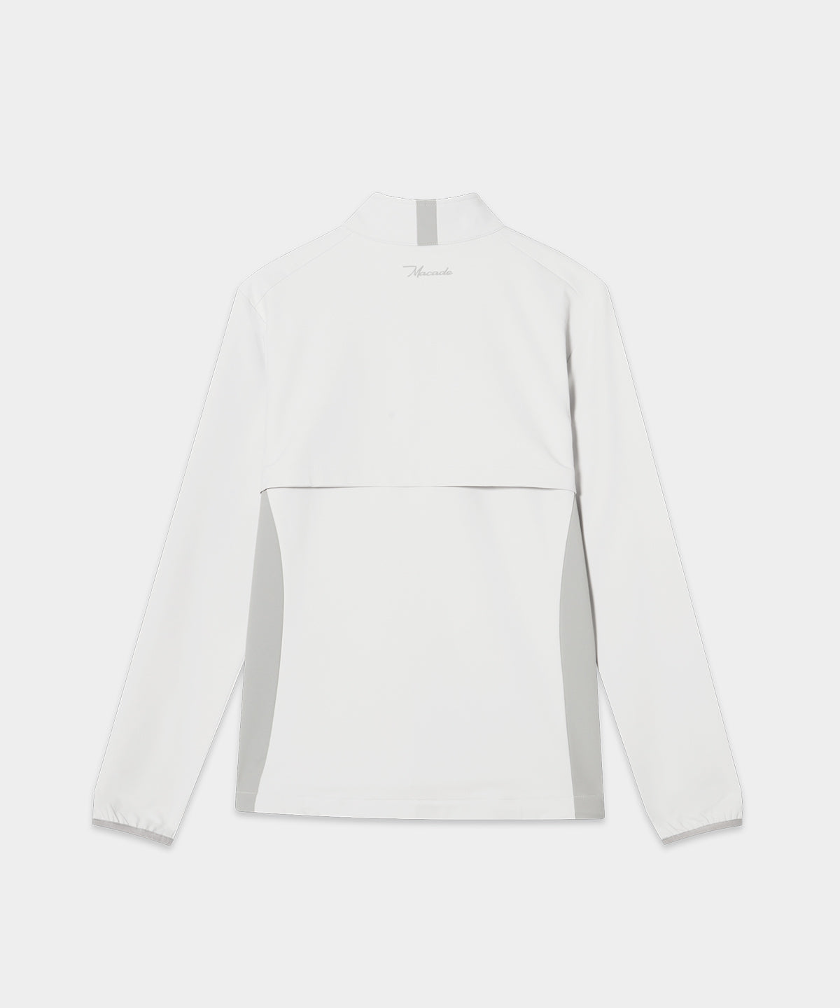 Back view of the Macade Golf Storm Wind Jacket in off-white with light gray side panels, featuring a rear ventilation flap and minimalist branding below the collar for a clean, modern look.
