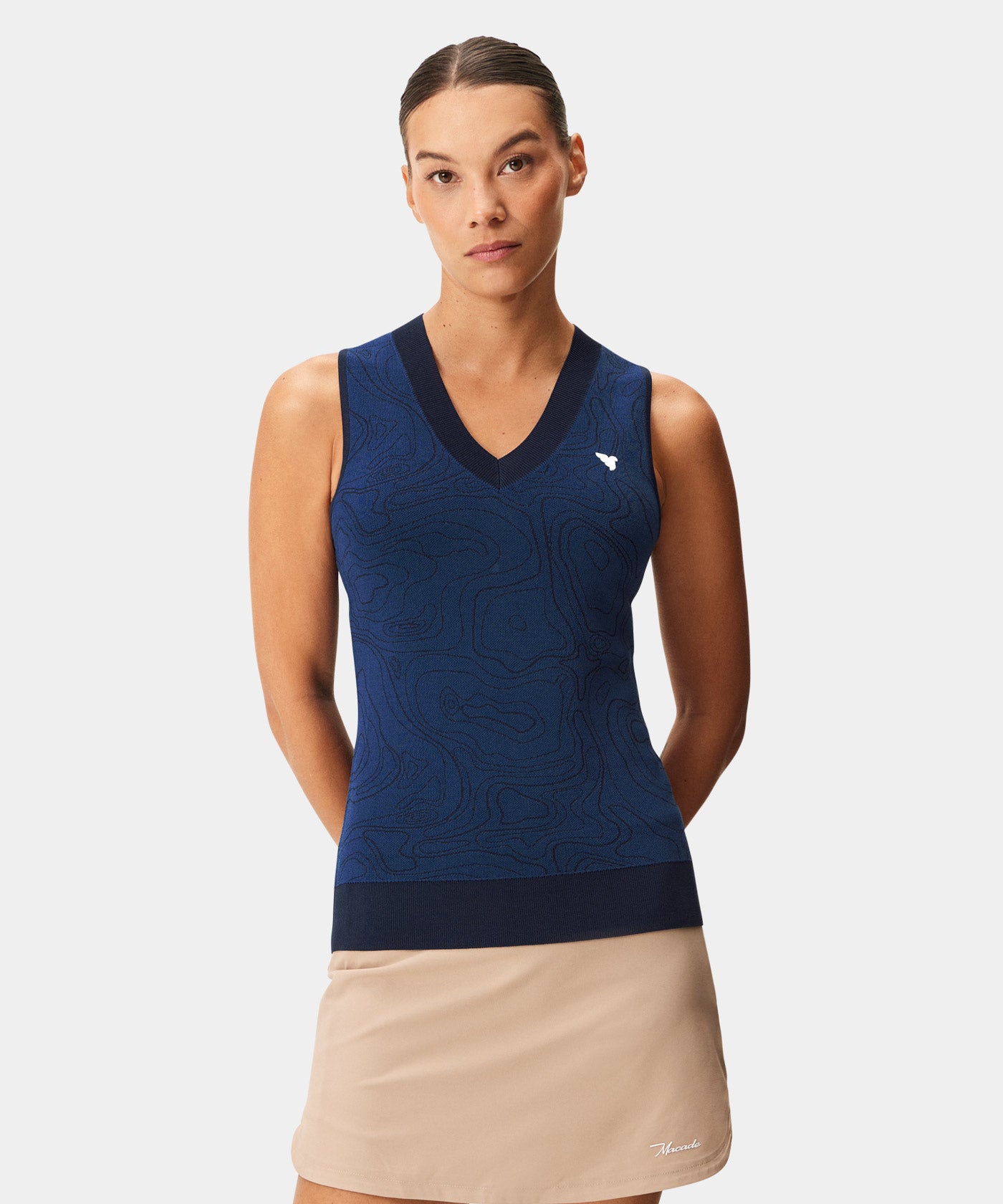 Ana Blue Script Sleeveless V-Neck – Macade