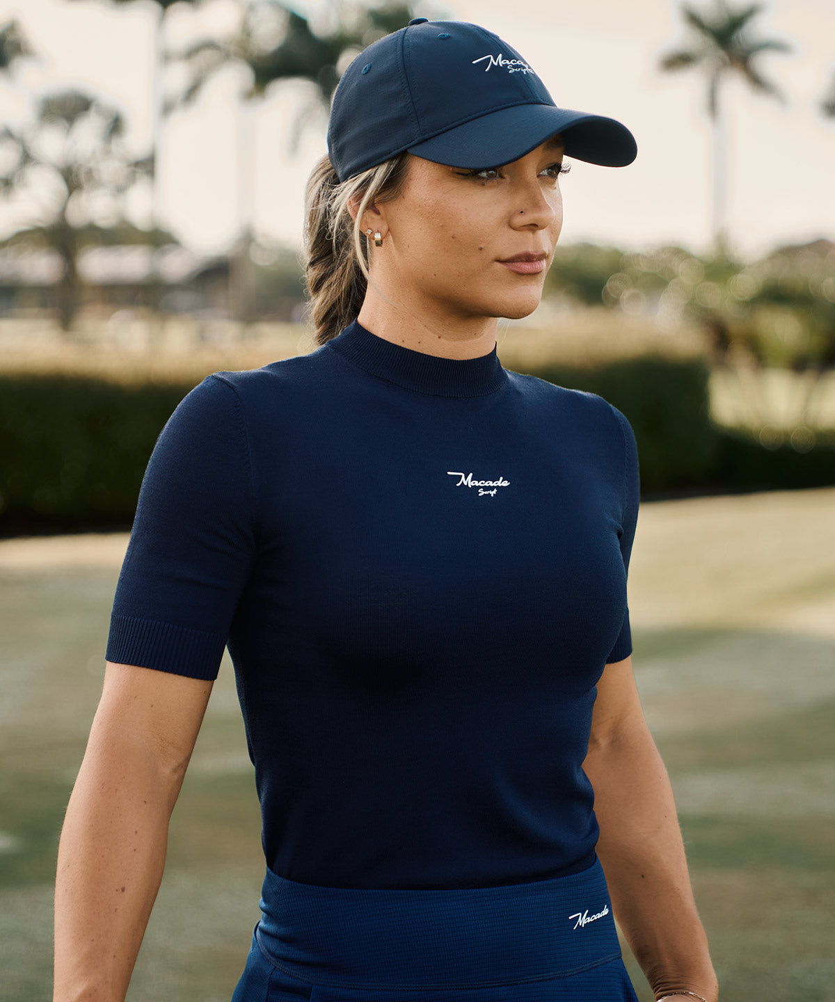 Navy Script Mock Neck Top