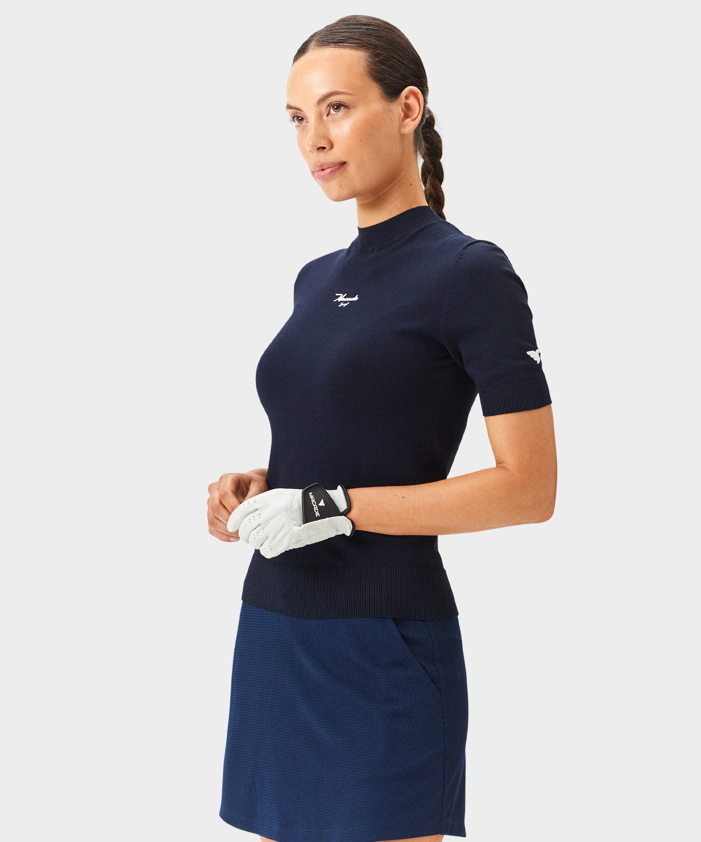 Navy Script Mock Neck Top