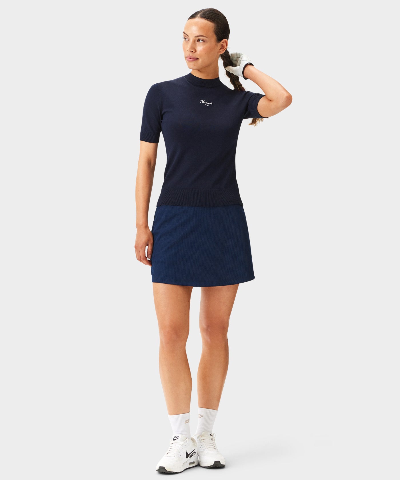 Navy Script Mock Neck Top