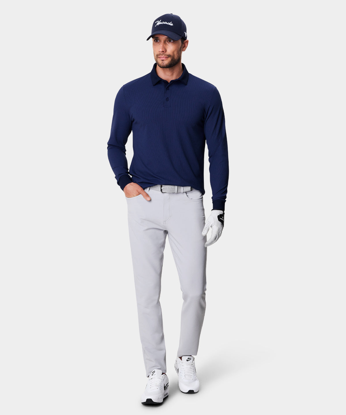 Navy blue polo with grey clearance pants