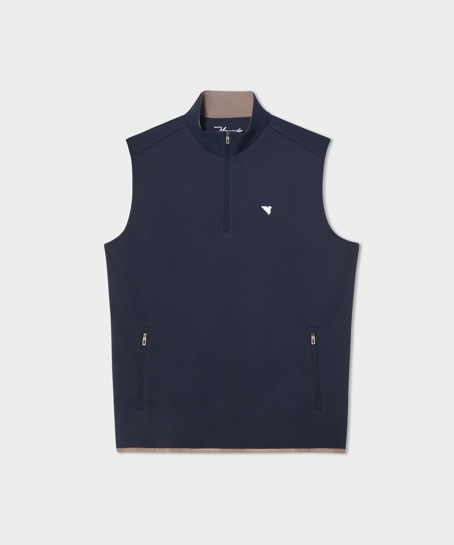 Macade Golf Therma Vest in navy featuring a high collar, quarter-zip front, two discreet zippered pockets, and a sleek white bird logo on the chest for a refined, versatile golf layering piece.