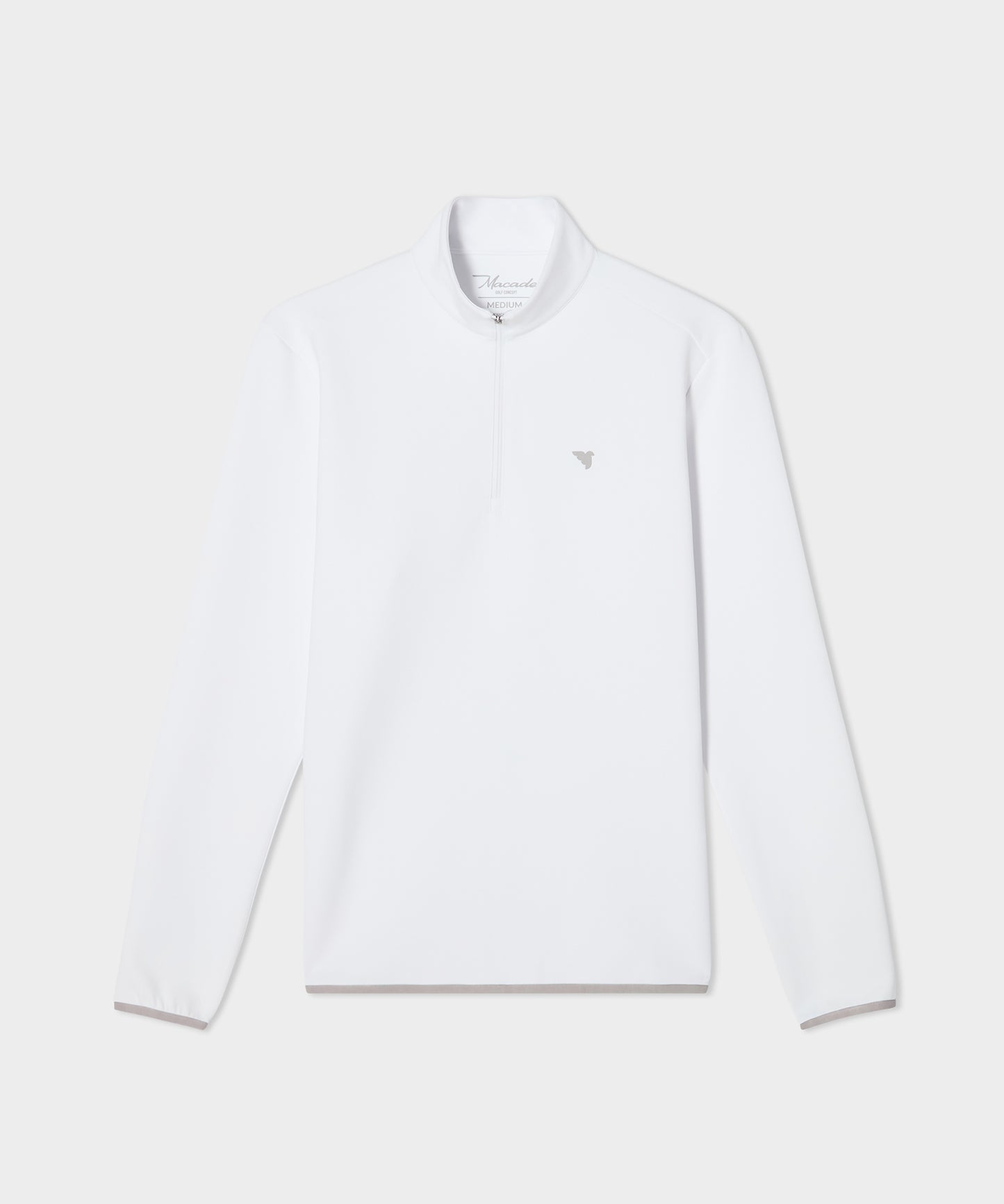 Macade Golf Therma Quarter Zip in white, featuring a minimalist design with a subtle chest logo, sleek tonal trims, and a clean athletic fit ideal for layering in cool weather.