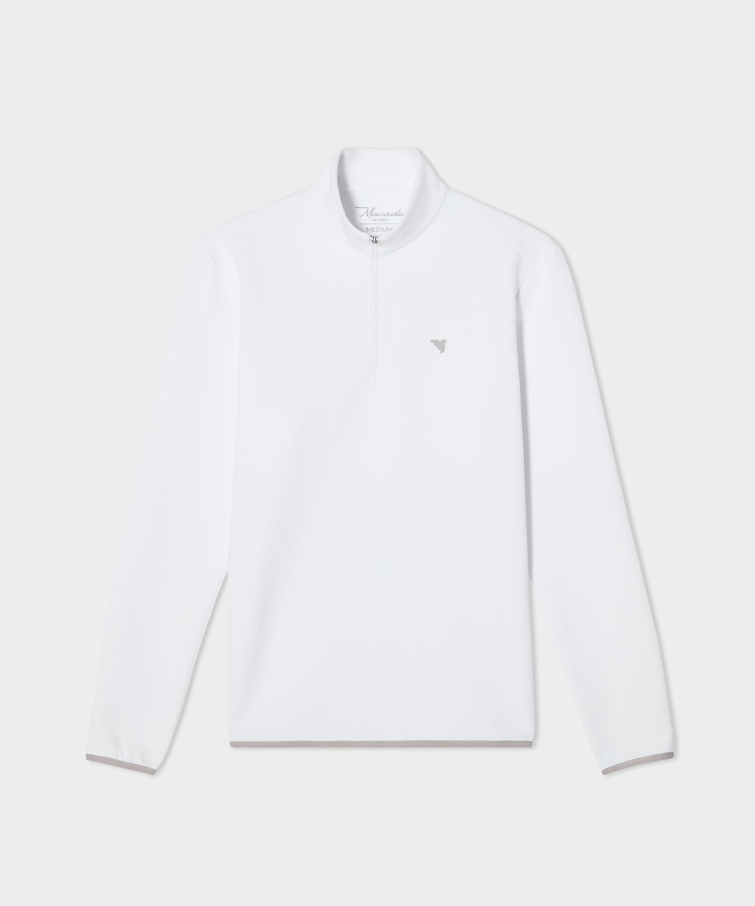 Macade Golf Therma Quarter Zip in white, featuring a minimalist design with a subtle chest logo, sleek tonal trims, and a clean athletic fit ideal for layering in cool weather.