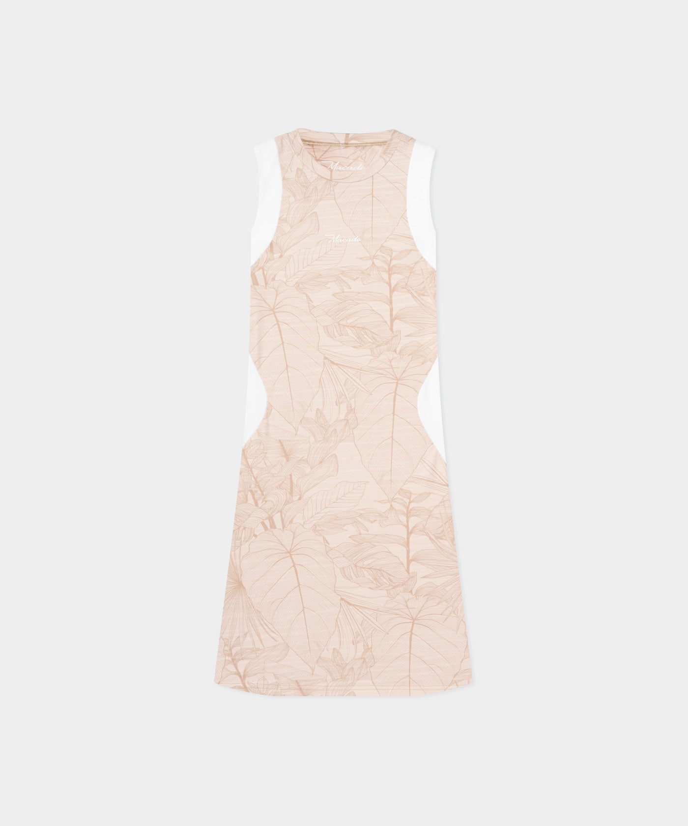 Macade Golf Inez Sleeveless Dress in beige with a subtle botanical print and white side panels, featuring a streamlined, athletic silhouette and minimal branding for a refined, modern golf look.