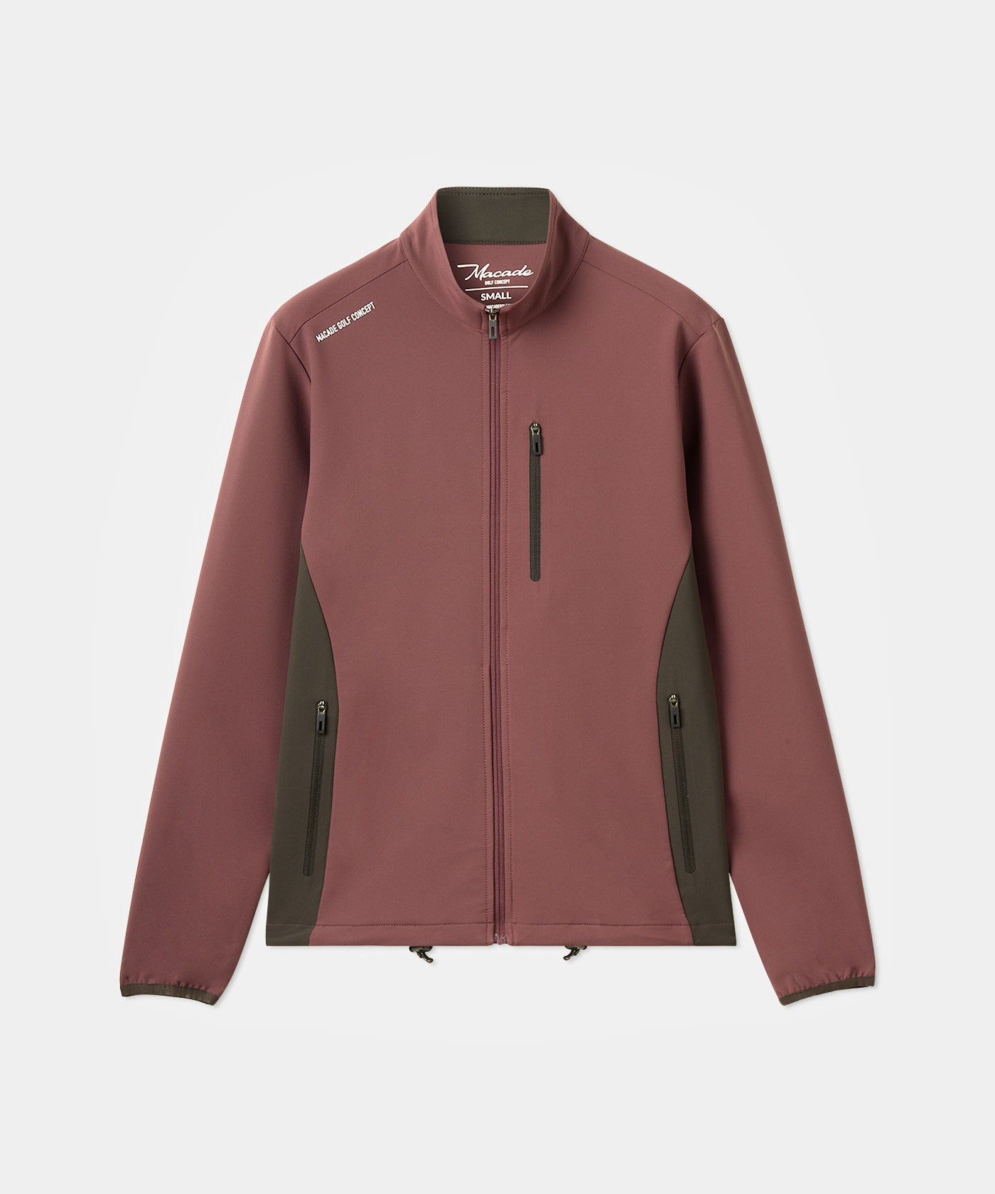 Macade Golf Storm Wind Jacket in mauve with dark olive contrast side panels, featuring a high collar, zippered chest and front pockets, and sleek minimal branding for a refined, modern look.