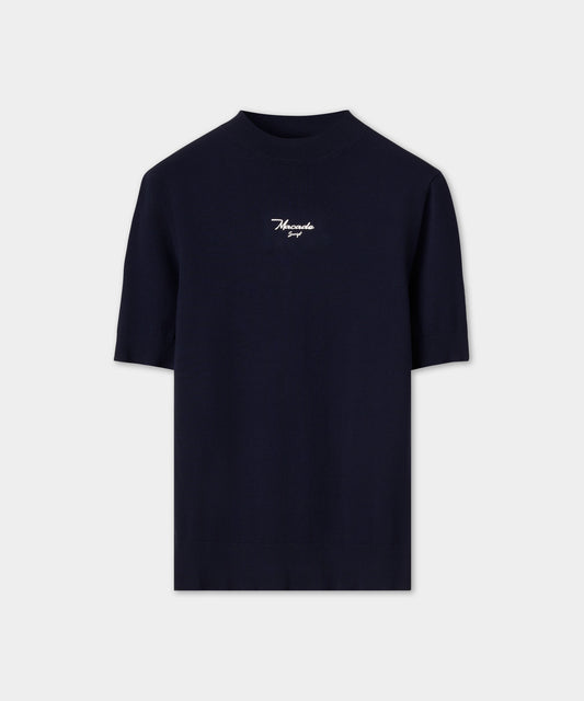 Navy Script Mock Neck Top