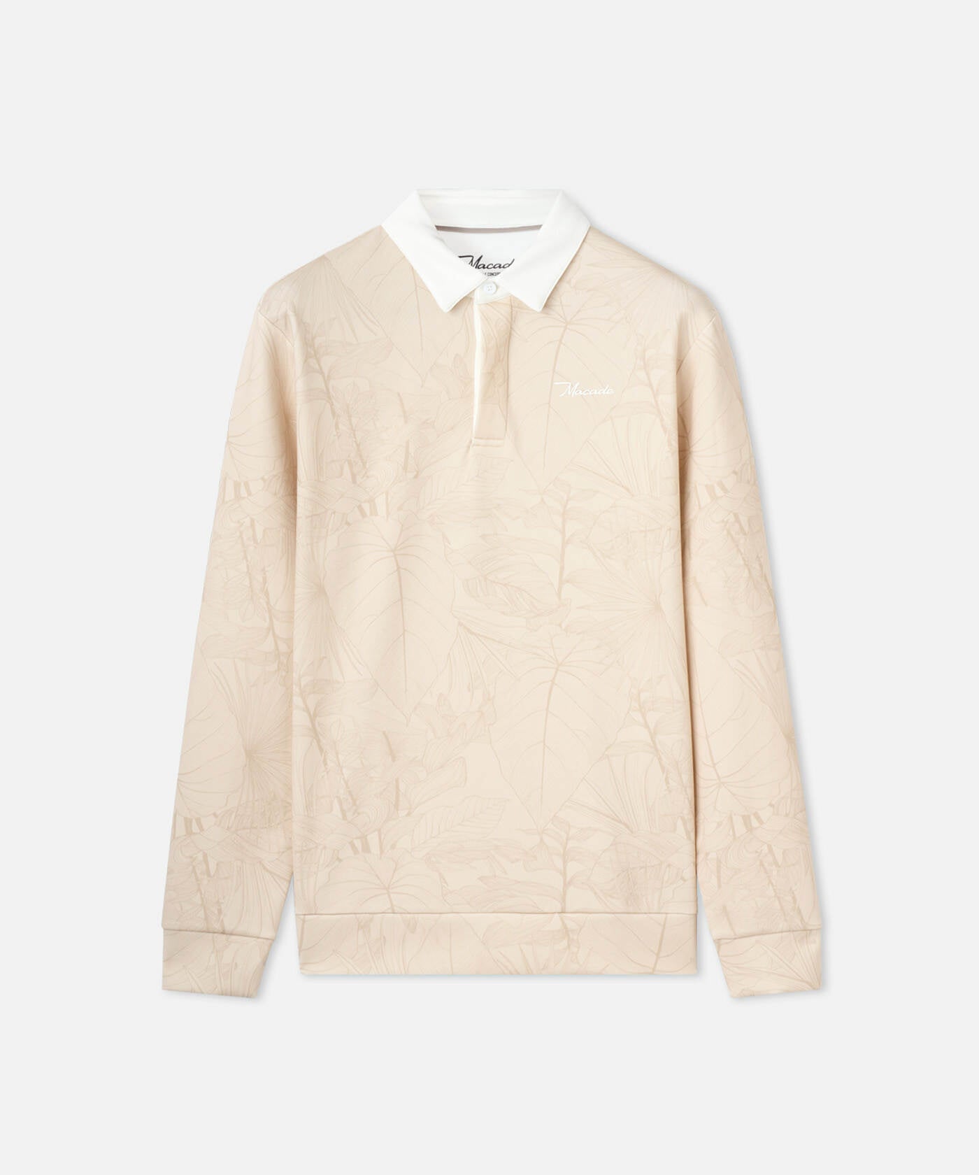 Blades Polo Sweatshirt in Palm Beige displayed flat, featuring a subtle tonal leaf pattern, crisp white polo collar, and minimal Macade branding on the chest for a refined, modern golf or casual look.
