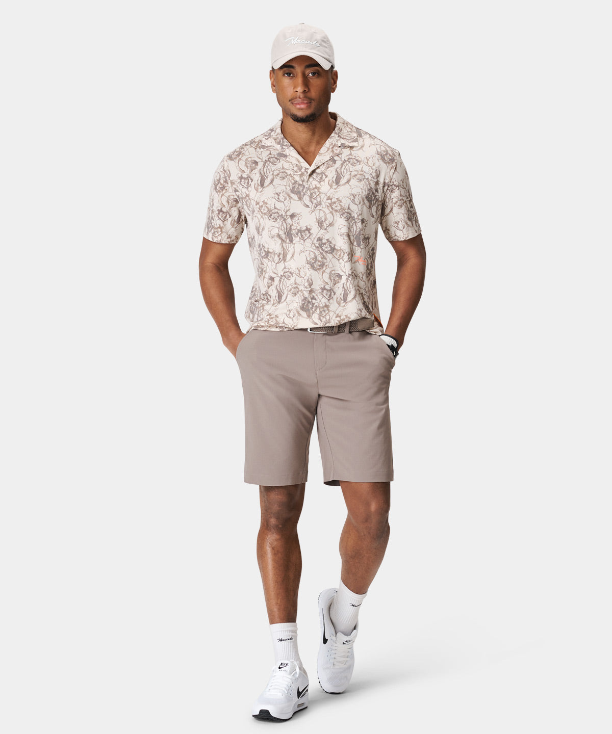 Khaki shorts store and white shirt