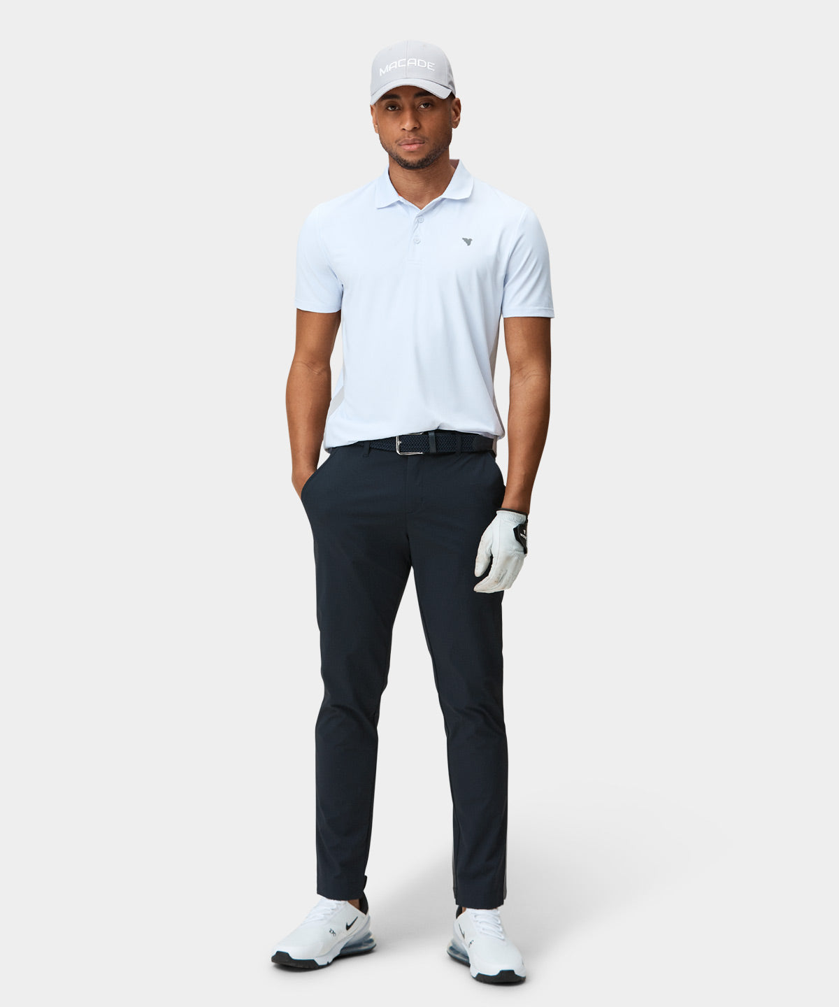 White polo with outlet black pants